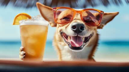 Dog is holding a glass of beer and smiling