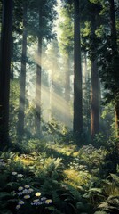 Fototapeta premium Sunlight streams through a lush enchanted forest.