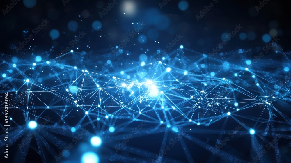 Poster abstract network connection digital graphic, dark background, glowing points, data flow