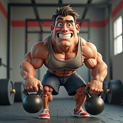 A stylized fitness athlete holding a heavy kettlebell while doing squats