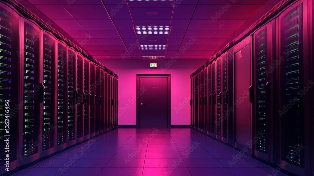 Poster modern data center corridor with servers and supercomputers generative ai