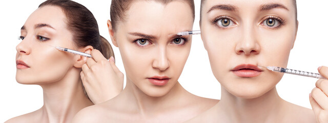 Collage of beautiful woman has an injections in face.