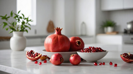 Ripe pomegranates on a white table in a bright kitchen