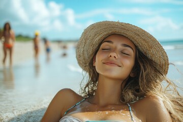 Beautiful woman beach sunglasses summer vacation lifestyle relax leisure sunshine travel concept, western female lying on sandy shore enjoying life, calm holiday mood, freedom, wellness, outdoor recre