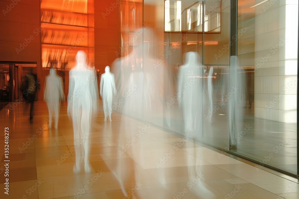Poster ethereal figures moving through a contemporary urban space in soft focus, capturing the essence of f