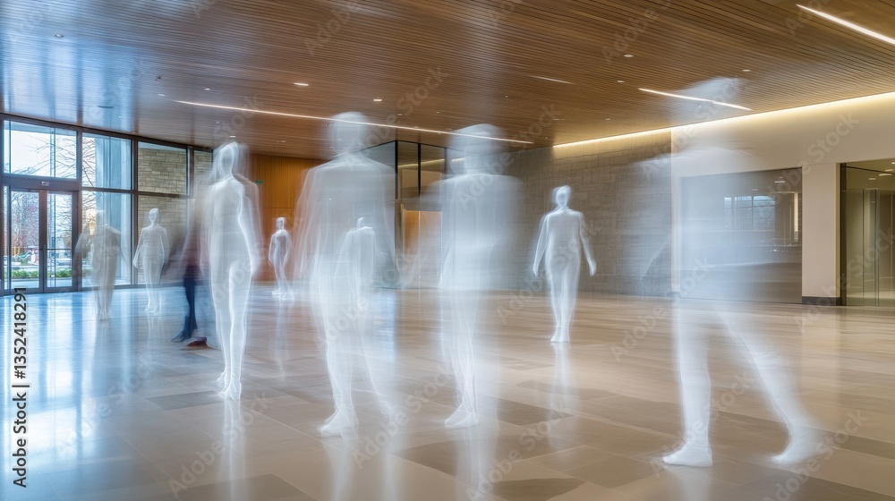 Poster people captured in motion within a modern building lobby showcasing an artistic display of silhouett