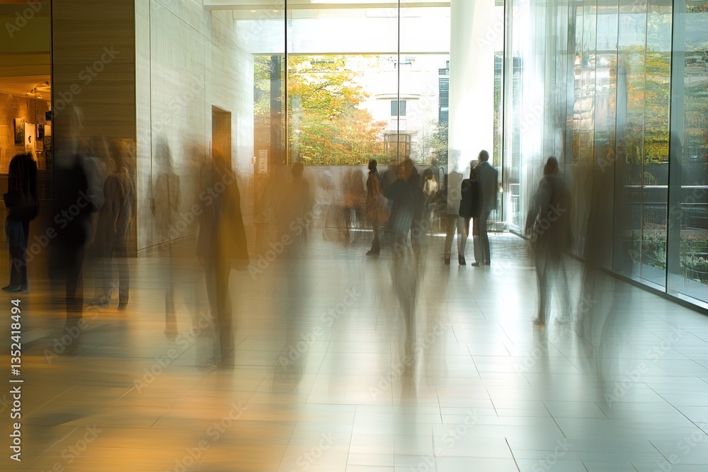 Poster people moving through a modern indoor space with natural light and blurred motion during a busy time