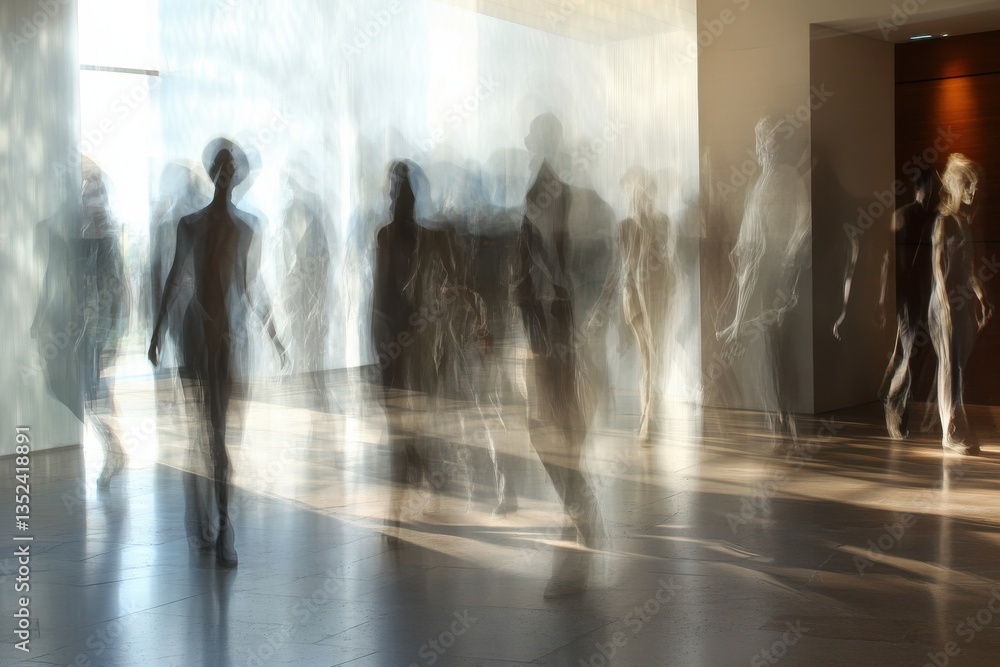 Poster movement of people in a modern art gallery during daylight hours capturing the essence of contempora