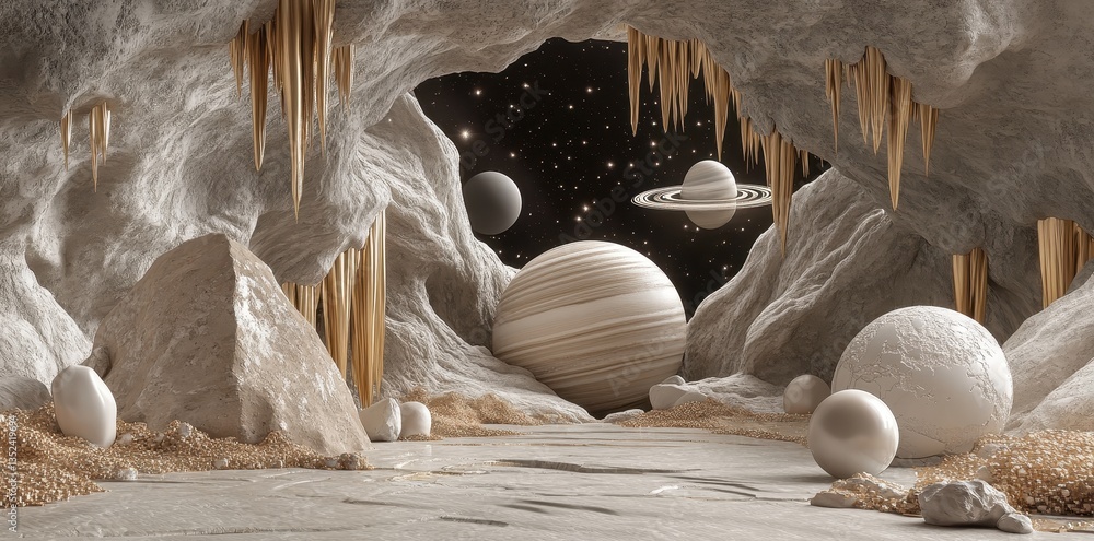 Poster an ethereal cave showcases planets and celestial objects in the cosmos