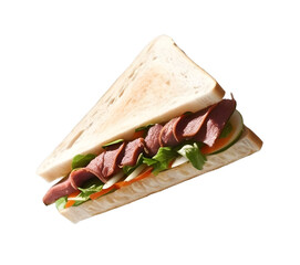 Realistic illustration of a triangular sandwich with fresh ingredients, isolated on a transparent background. Perfect for breakfast-themed designs.