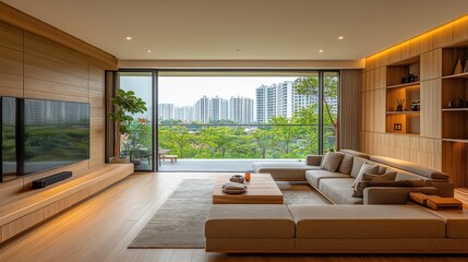 Modern living room with city view