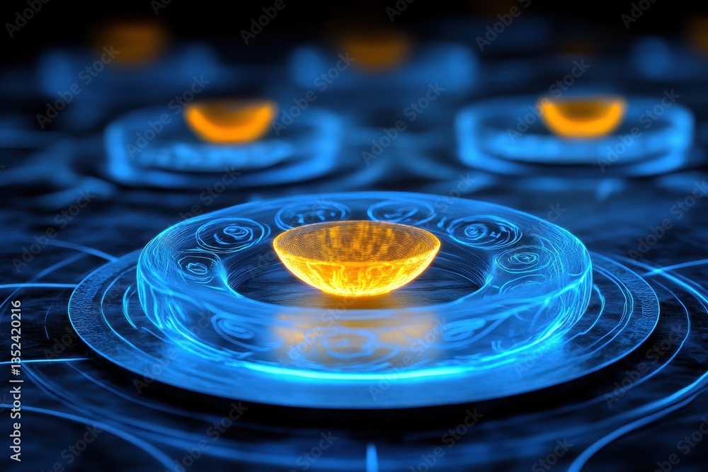 Poster illuminated circles surrounding glowing bowlshaped objects in a dark space