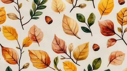 Colorful Autumn Leaves and Branches on Light Background Design