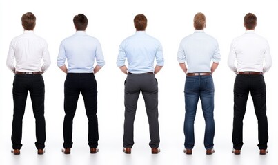 Five Young Men in Dress Shirts and Trousers Standing in a Row Showcasing Different Outfits and Styles from the Back on a White Background
