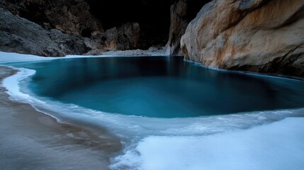 Naklejka premium Frozen alpine lake nestled in a rocky canyon. Deep blue water partially encased in ice. Surrounded by pale rock faces and snow. A tranquil winter scene