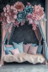Beautiful bed decorated with large paper flowers and soft pillows