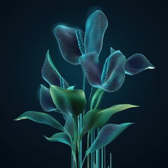 Abstract depiction of luminous leaves and stems over a dark background