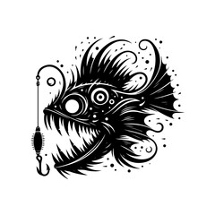 A mysterious silhouette of an anglerfish with a glowing lure and sharp toothy mouth, deep-sea theme.