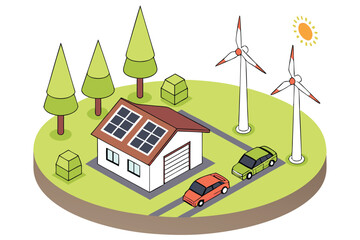 23 Isometric green energy illustration, wind turbines, solar panels, electric vehicles, circular base, clean technology, sustainable power generation, miniature trees, 3D rendering, vibrant colors, wh