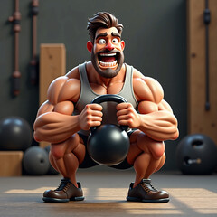 A stylized fitness athlete holding a heavy kettlebell while doing squats