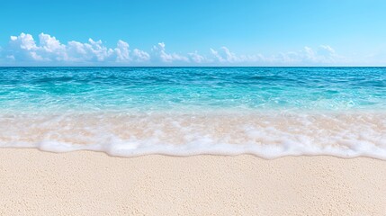 Obraz premium Beach Waves Meet Sandy Shore Under a Clear Blue Sky Creating a Tranquil Summer Scene