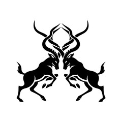 A symmetrical silhouette design of two fighting animals — antelopes with curved horns
