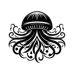 A stylized silhouette of a jellyfish with long flowing tentacles and a dome-shaped head.