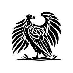 An elegant standing vulture with intricate wing design in a clean black silhouette style.