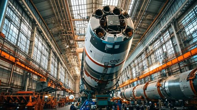 Large Rocket Under Construction In Industrial Facility