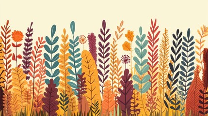 Colorful Autumn Leaves and Plants in Minimalistic Background Design