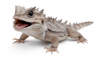 Naklejka premium Detailed Close-Up of a Bearded Dragon Smiling, Showcasing Unique Scales and Expressive Features, on a Clean White Background, Ideal for Reptile Enthusiasts and Educational Purposes