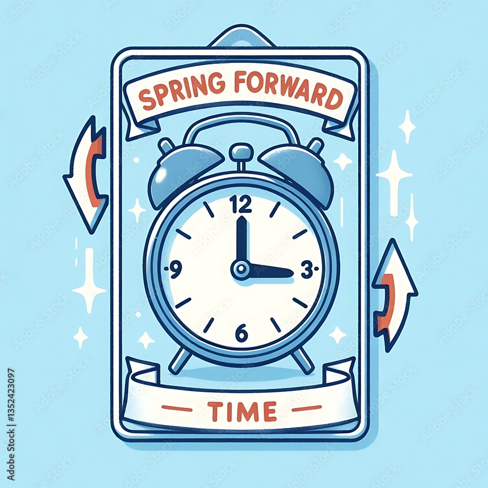 Aufkleber spring forward 2025 banner design for a reminder of time change one hour forward for social networks