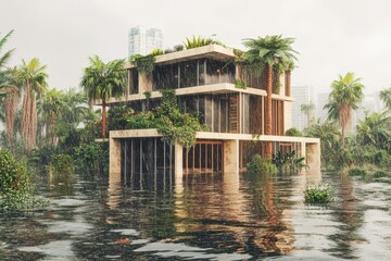Obraz premium A modern architectural structure amidst heavy rainfall and rising water