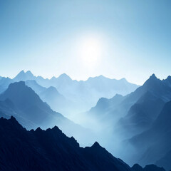 Fototapeta premium Mountain landscape at dawn revealing tranquil blue hues and silhouettes of peaks