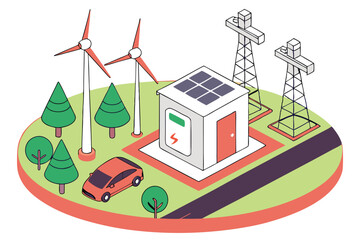 23 Isometric green energy illustration, wind turbines, solar panels, electric vehicles, circular base, clean technology, sustainable power generation, miniature trees, 3D rendering, vibrant colors, wh