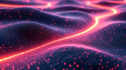 Digital terrain with glowing particles and a bright line