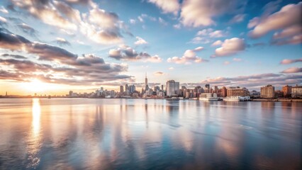 Sunset over a city skyline reflecting in calm waters, with clouds scattered in a blue sky, creating a serene urban landscape.