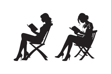 Silhouette of Women Reading Books Black and White Art