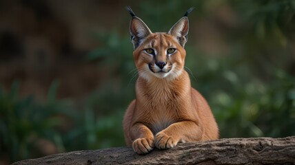 Obraz premium A caracal sits alertly with its striking ears on a mossy log, against a blurred foliage backdrop