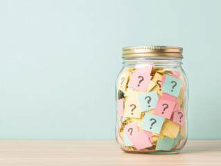 jar filled with colorful sticky notes featuring question marks, symbolizing curiosity and inquiry. arrangement of notes in pastel colors creates visually appealing and engaging display