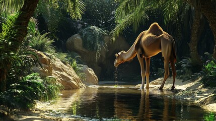 A Thirsty Camel Drinks From a Lush Oasis Stream in the Desert