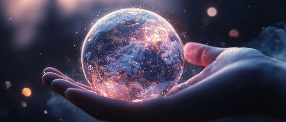 Obraz premium surreal glowing earth held gently in hand, symbolizing care and connection to universe. vibrant colors and ethereal light create sense of wonder and magic