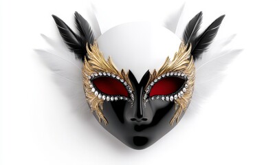 Naklejka premium Elegant Black and Gold Masquerade Mask with Feathers and Gems for Carnival, Festival Celebrations, and Themed Events