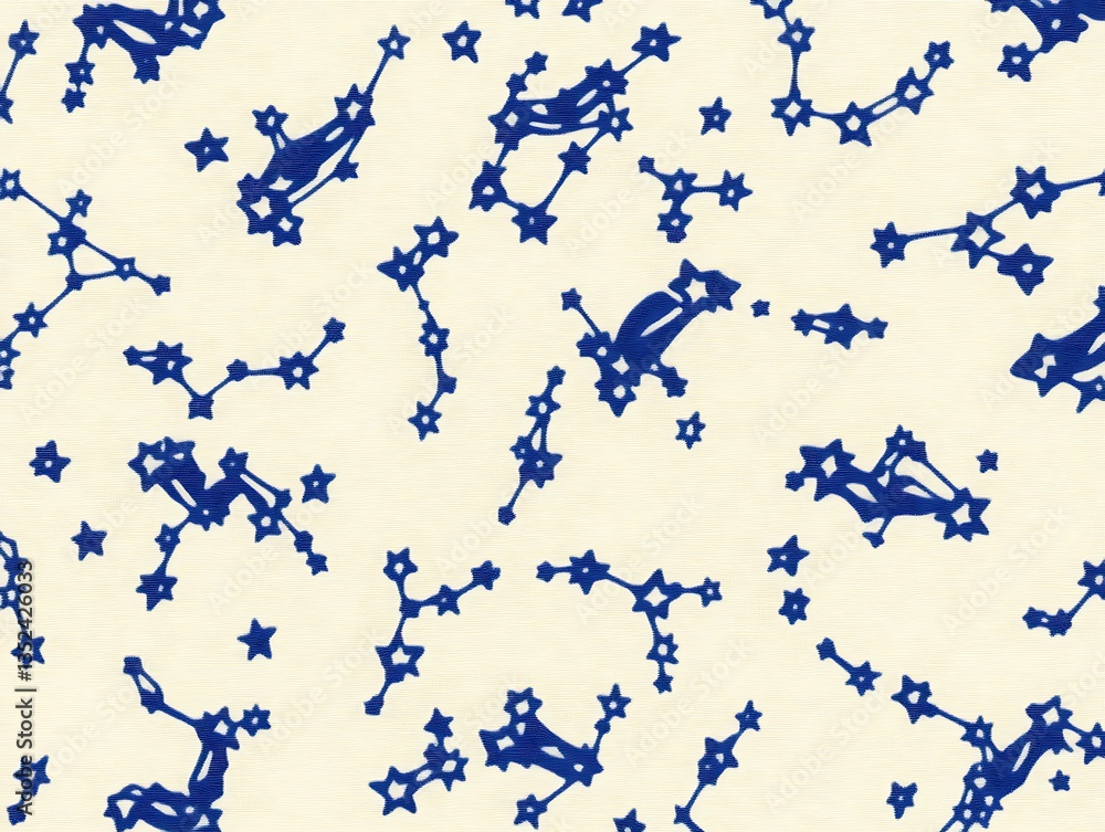 Poster celestial navigation map pattern: blue constellations on pale yellow ground