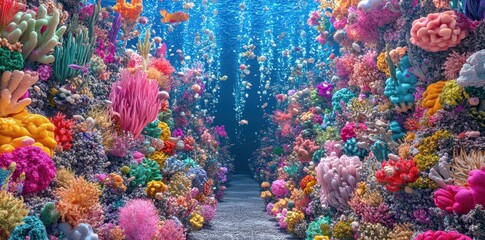 Fototapeta premium The underwater pathway is surrounded by colorful coral and fish