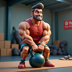 A stylized fitness athlete holding a heavy kettlebell while doing squats