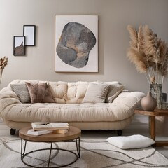 Elegant living room with a boucle sofa, abstract artwork, and sculptural furniture in a neutral color palette.