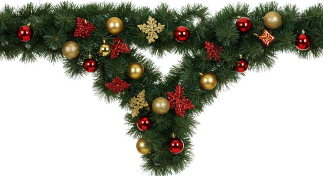 Christmas garland of green pine branches, decorated with red and gold baubles, glittery snowflakes, and a festive ornament, isolated on transparent background, PNG file, perfect for graphic design.