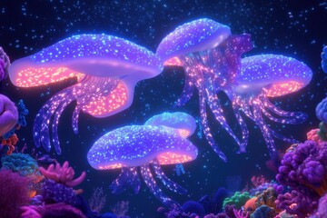 Luminous Jellyfish Float Amongst Colorful Coral Reef Ecosystems Underwater