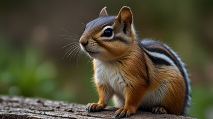 Obraz premium A cute chipmunk sits perched on a log in a natural setting, gazing into the distance